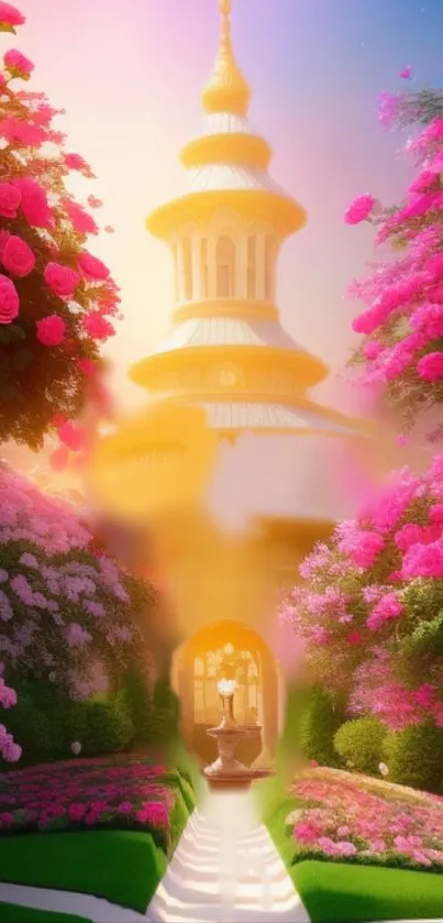 Golden temple in a lush garden with vibrant pink and purple flowers.