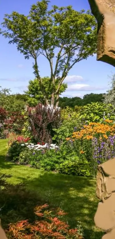 Rustic stone archway revealing a serene garden view with vibrant flowers.