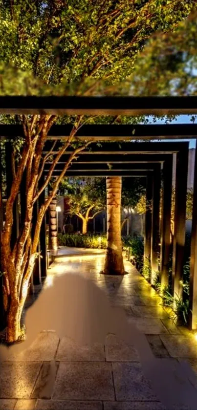 Sunlit garden walkway with lush trees and serene atmosphere.