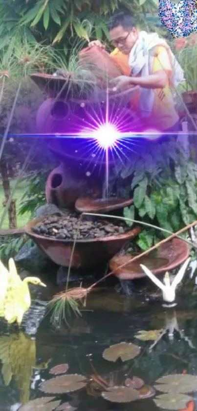 Serene garden fountain with vivid greenery.