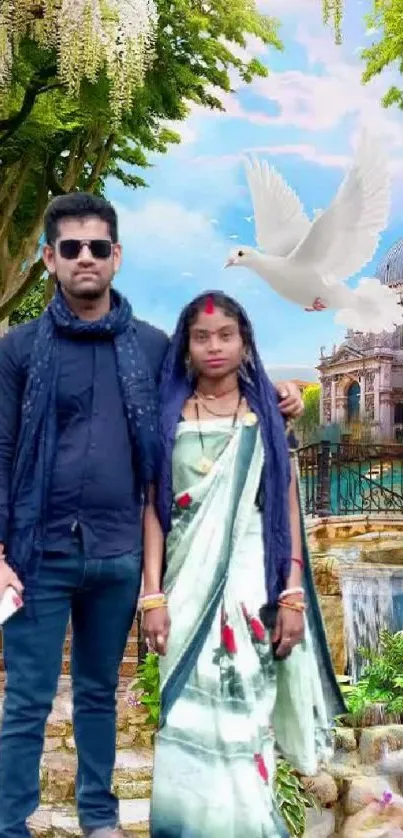 Couple standing in a romantic garden with a dove flying overhead.