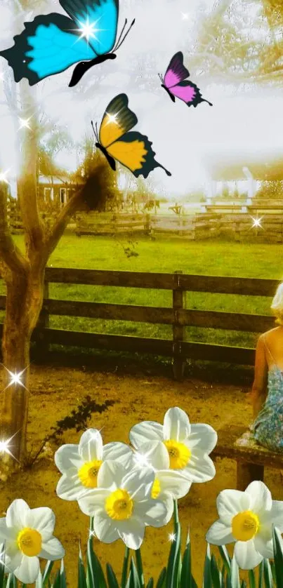 Peaceful garden scene with butterflies and flowers, evoking serenity and beauty.