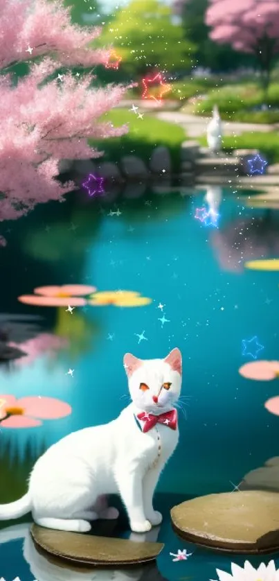 White cat by a serene pond with cherry blossoms and lily pads.