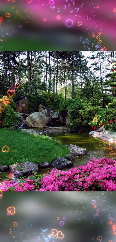 Serene garden with heart glow effects and pink flowers.