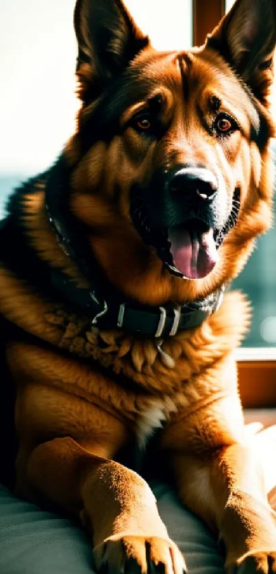 German Shepherd on cushion in warm sunlight.