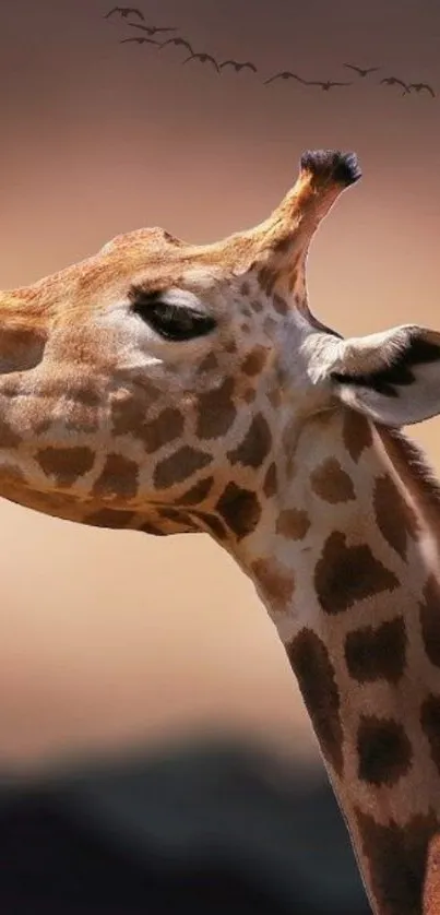 Giraffe against a warm sunset sky with distant birds.