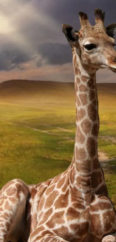 Giraffe resting peacefully in the savannah with a scenic horizon view.