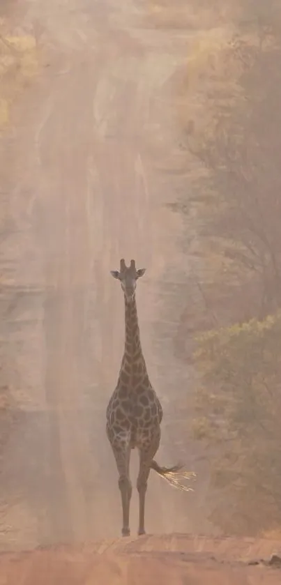 Giraffe walking down a dusty path under soft sunlight in nature.