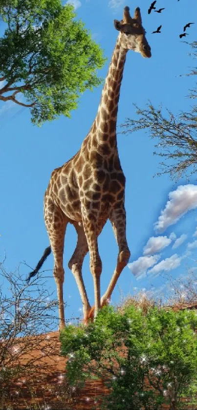 Giraffe standing in a vibrant savannah landscape with a bright blue sky.