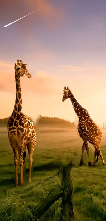 Two giraffes in a grassy field under a sunset sky with a shooting star.