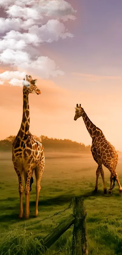 Giraffes standing in a sunlit meadow at sunset.