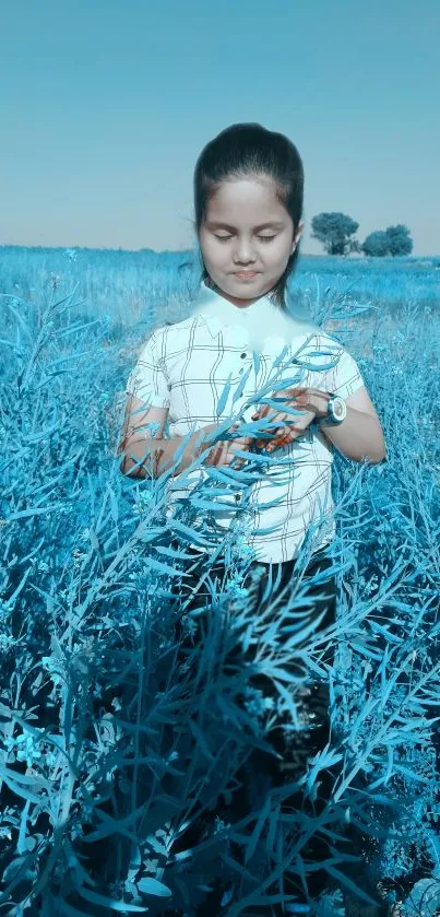 Girl in an azure field, serene and contemplative.