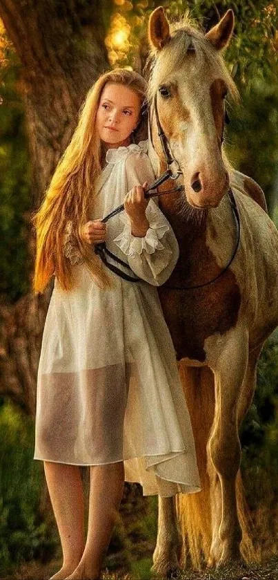 A girl in a white dress standing with a horse under a tree in a serene setting.