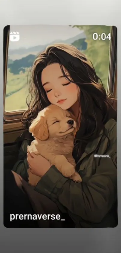 Girl holding a puppy with serene expression in anime style.