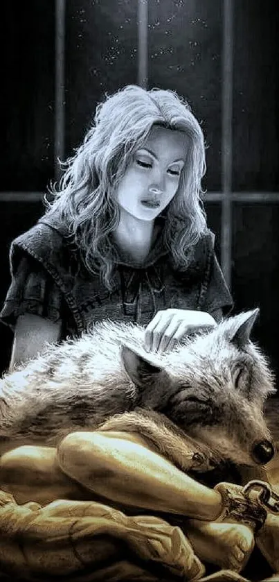 Serene girl with sleeping wolf in monochrome artwork.