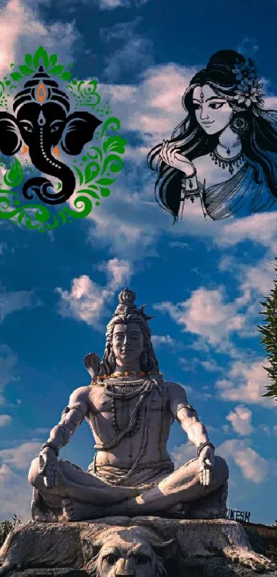 Serene Hindu Shiva statue with vibrant sky.