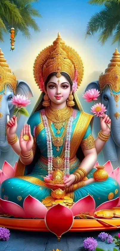 Colorful divine goddess with elephants and lotuses.