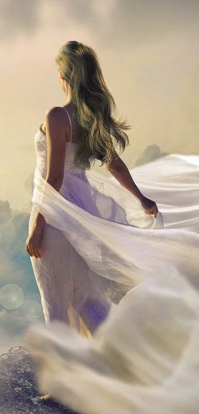 Serene goddess in white dress with flowing hair in a dreamy lavender sky.