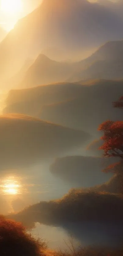 Golden sunrise over misty mountains with serene reflections.