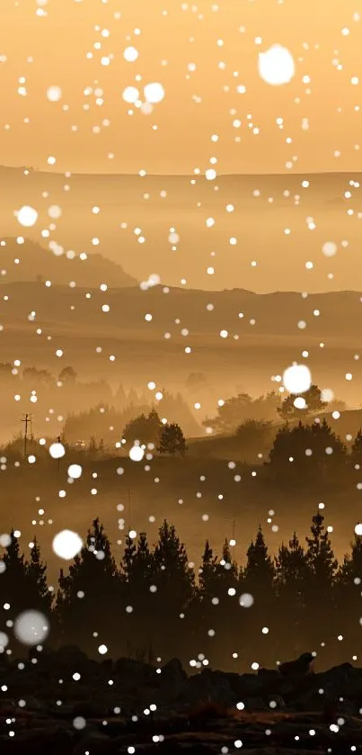 Mobile wallpaper of a golden landscape with falling snowflakes.