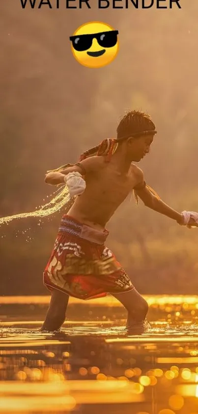 Man bending water in a serene golden sunset scene.