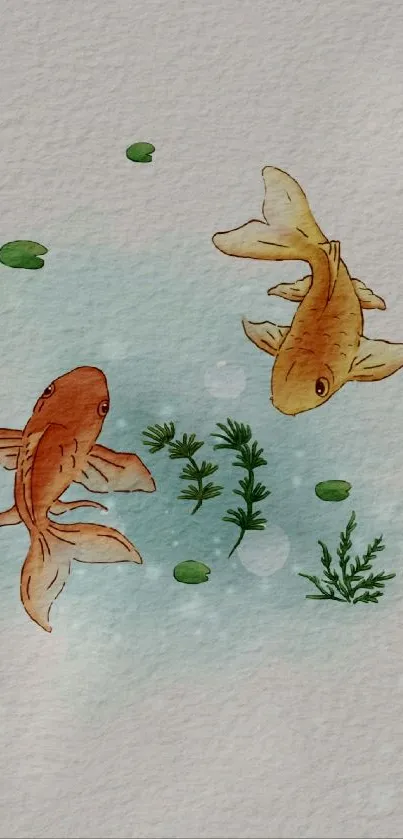 Watercolor illustration of two goldfish with aquatic plants.