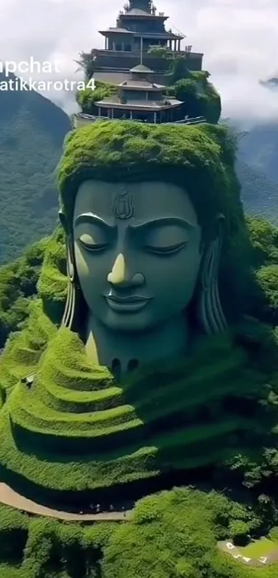 Green mountainous landscape with Buddha statue.