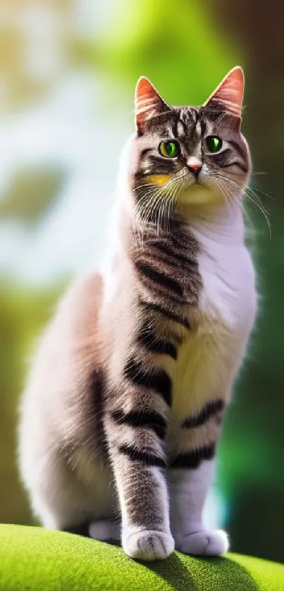 A fluffy cat sits peacefully against a vibrant green background.