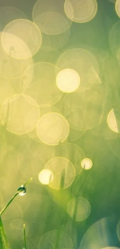 Serene green bokeh wallpaper with dew drops.