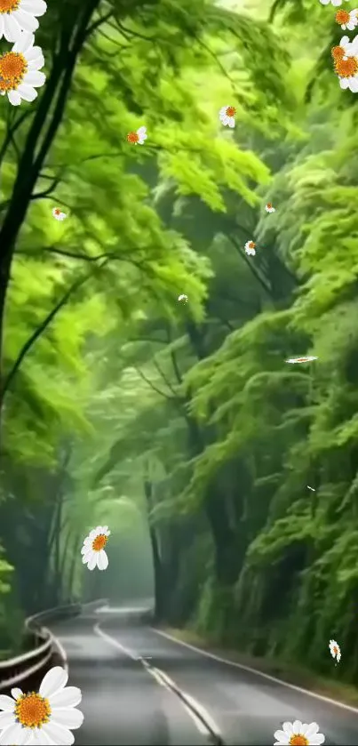 Serene green forest path with white flowers.