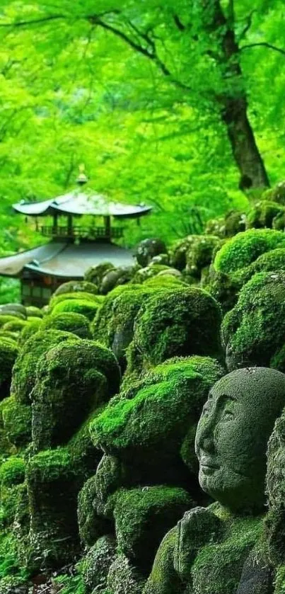 Green forest with moss-covered statues and serene atmosphere.