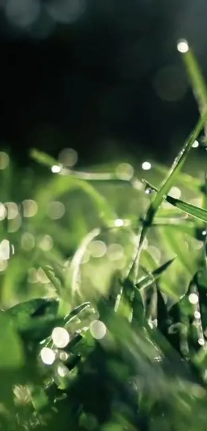 Close-up of vibrant green grass with sparkling bokeh lights.