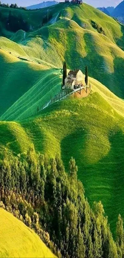 Green hills with a house under blue sky.