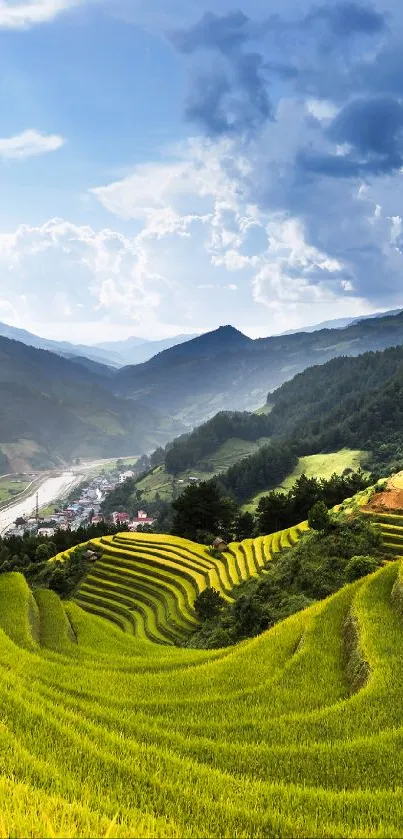 Lush green terraced hills under a blue sky.