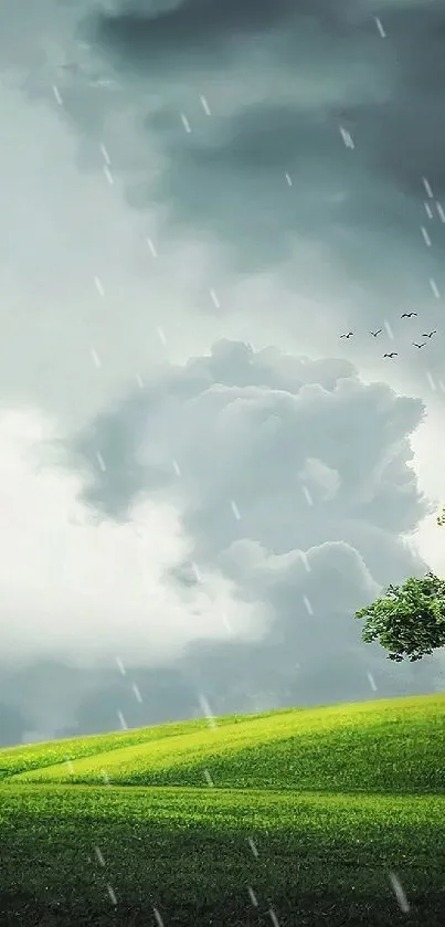 Solitary tree atop a lush green hill with dramatic clouds.