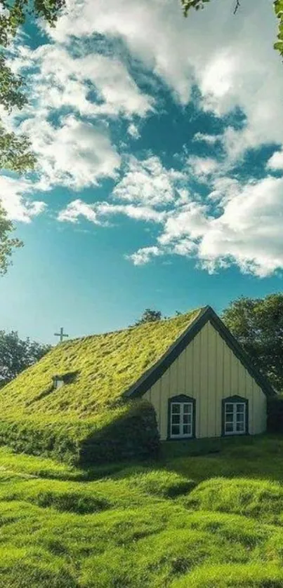 Mobile wallpaper of a green-roofed house under a blue sky.