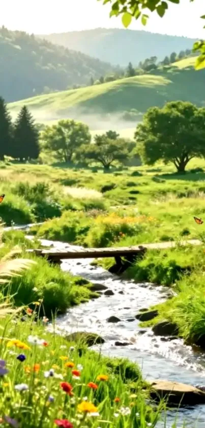 Lush green landscape with stream and butterflies.