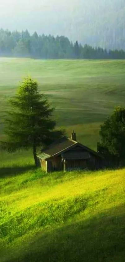 Mobile wallpaper of a serene green landscape with a cabin.