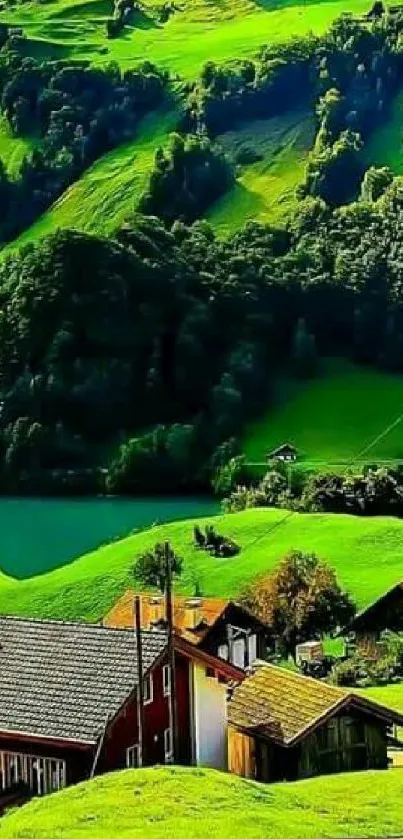 Green hills and rustic houses with a serene lake in the background wallpaper.