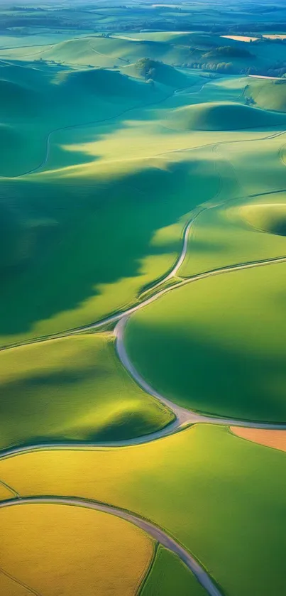 Aerial view of vibrant green rolling hills and fields.