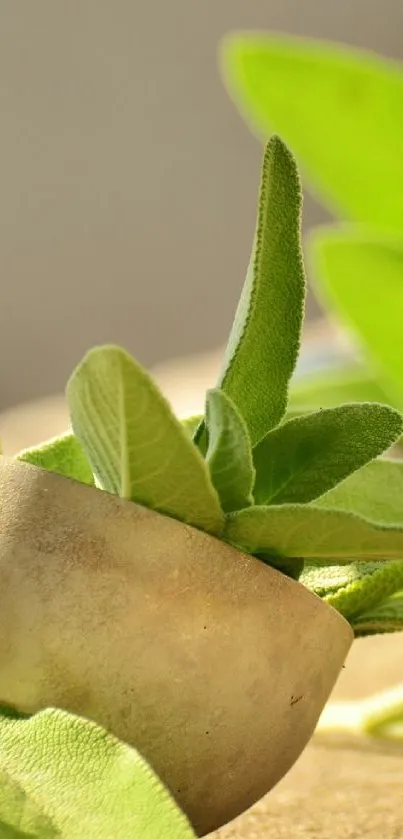 Green sage leaves in a rustic bowl with soft natural lighting.