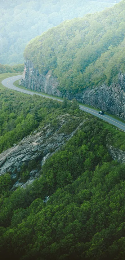 A winding road through lush green mountains for a mobile wallpaper.