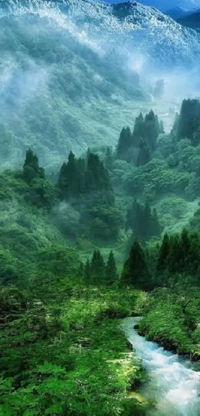 Green mountain landscape with flowing stream.