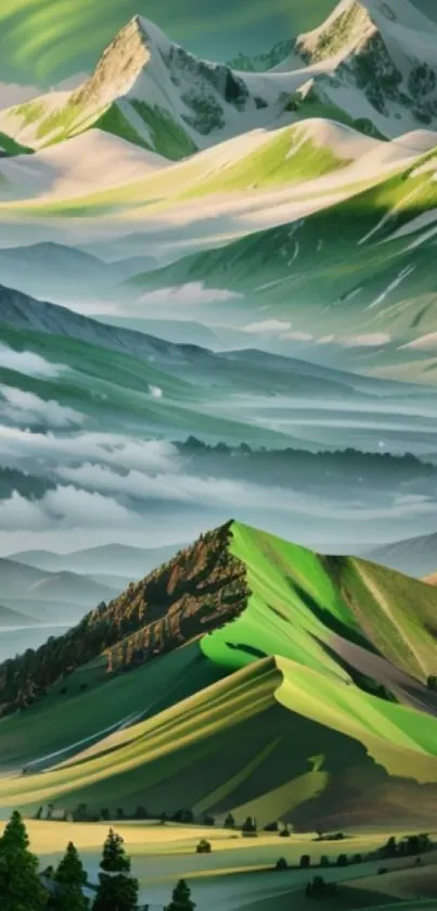 Serene green mountains with misty clouds on a mobile wallpaper.