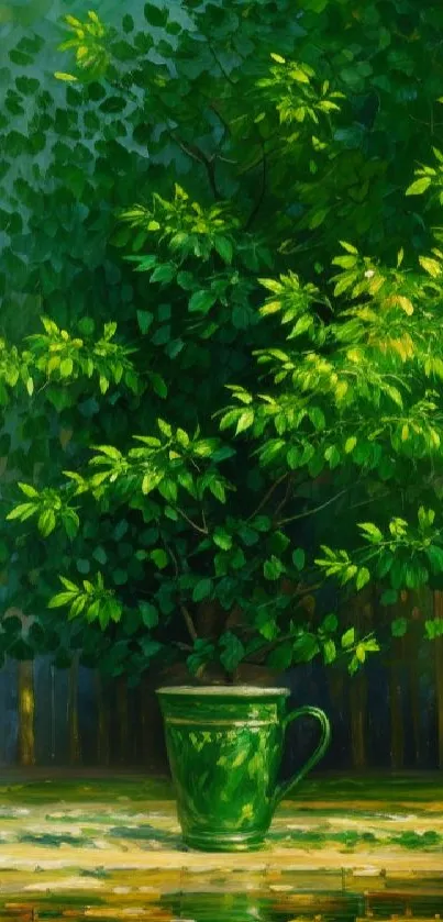 Green nature painting with lush tree and emerald pot wallpaper.