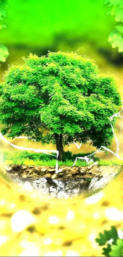 A vibrant green tree within a glowing orb on a nature-themed background.