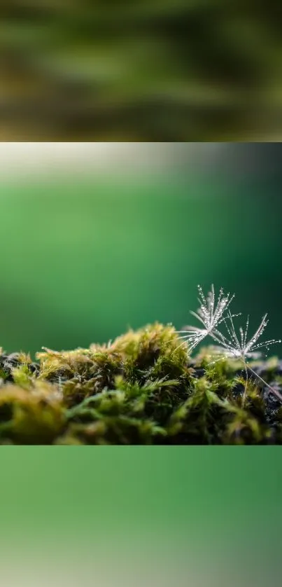 Serene green wallpaper with moss and blurred background.