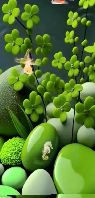 Green nature wallpaper with plants and aquatic life.