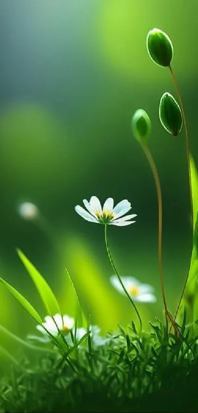 Mobile wallpaper with green leaves and white flowers in a serene natural setting.