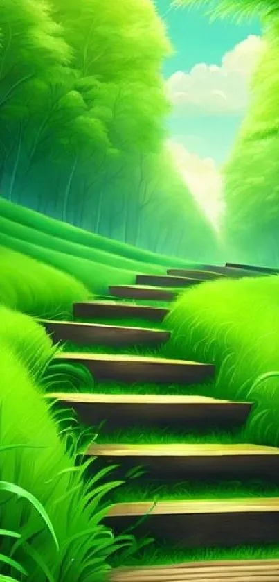 Serene pathway with lush green surroundings in a vibrant nature setting.